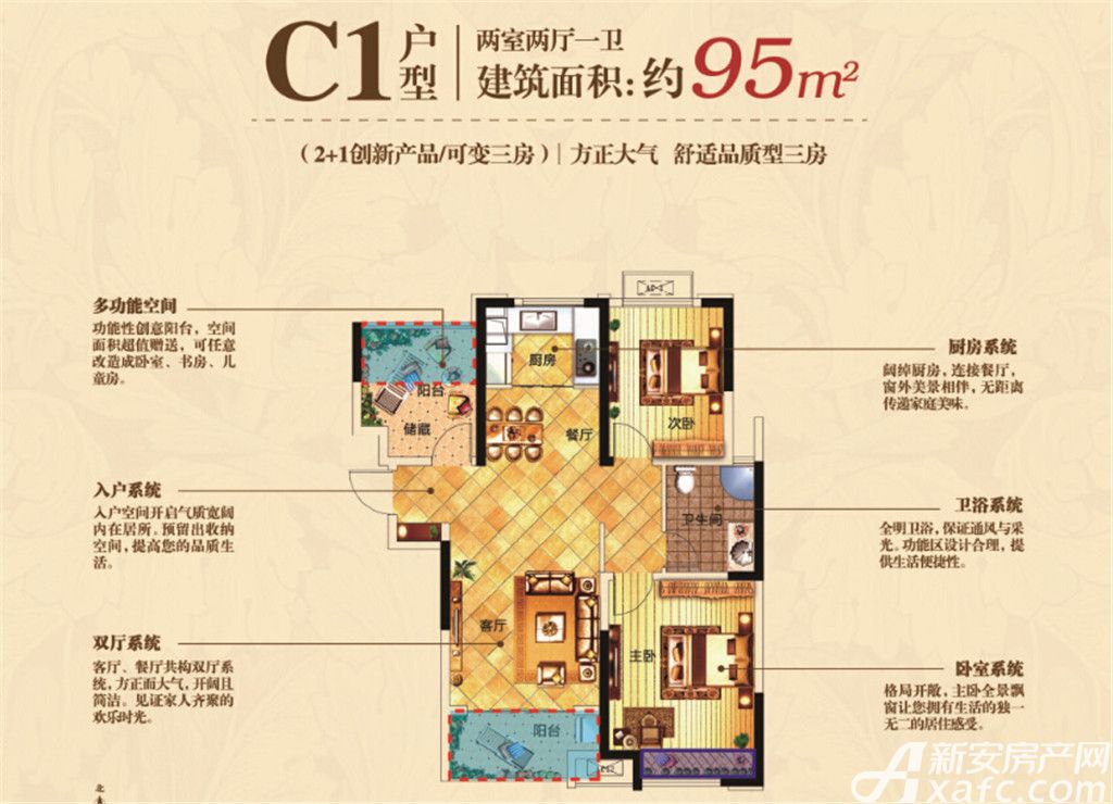 宝瑞凯旋城c1户型2室2厅95平米