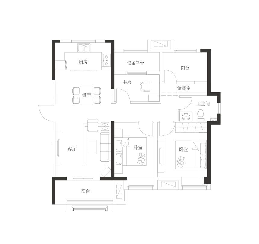 朗香书院三居100平米户型图_风·揽景3室2厅-新安房产