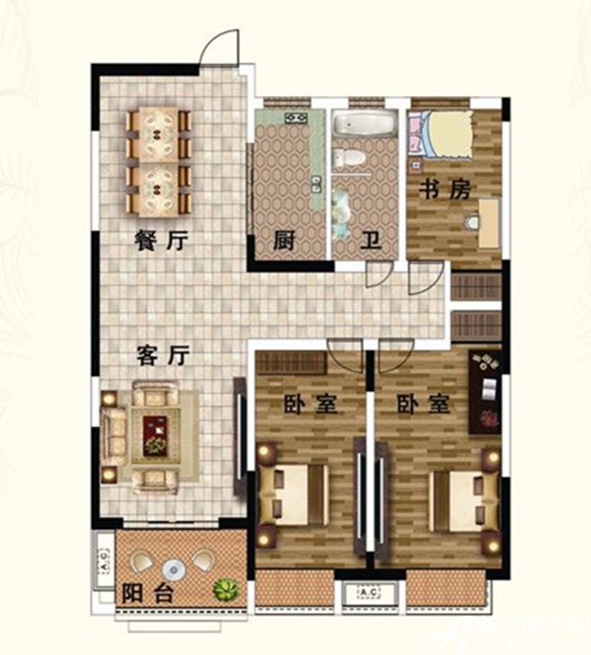 山水文苑三居106.64平米户型图_H23室2厅