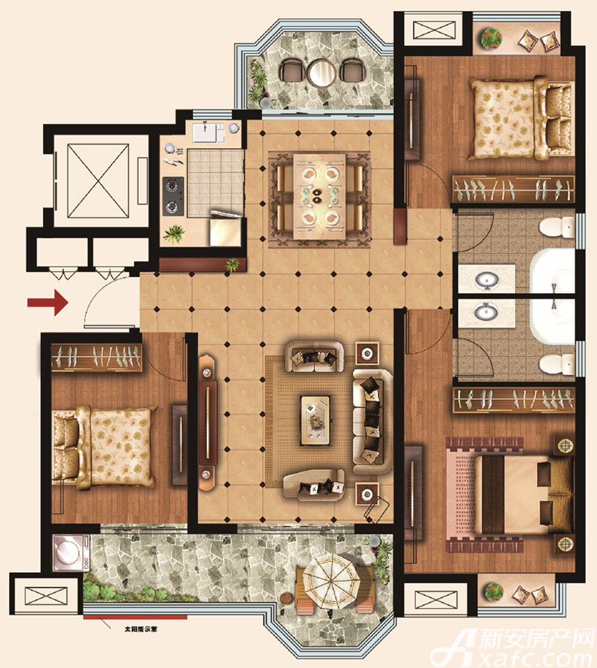 荣盛华府三居126平米户型图_y23室2厅-新安房产网