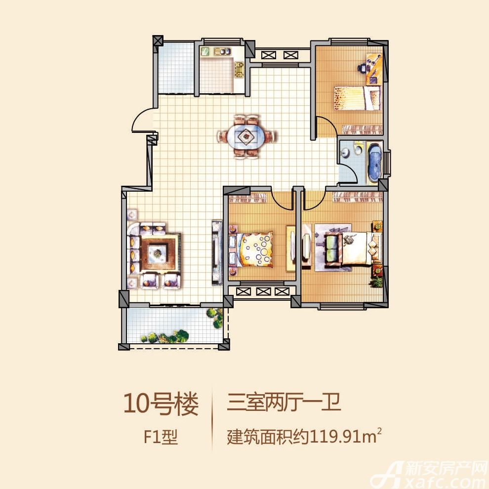 天伦首府天玺三居119.91平米户型图_10号楼f1型3室2厅-新安房产网