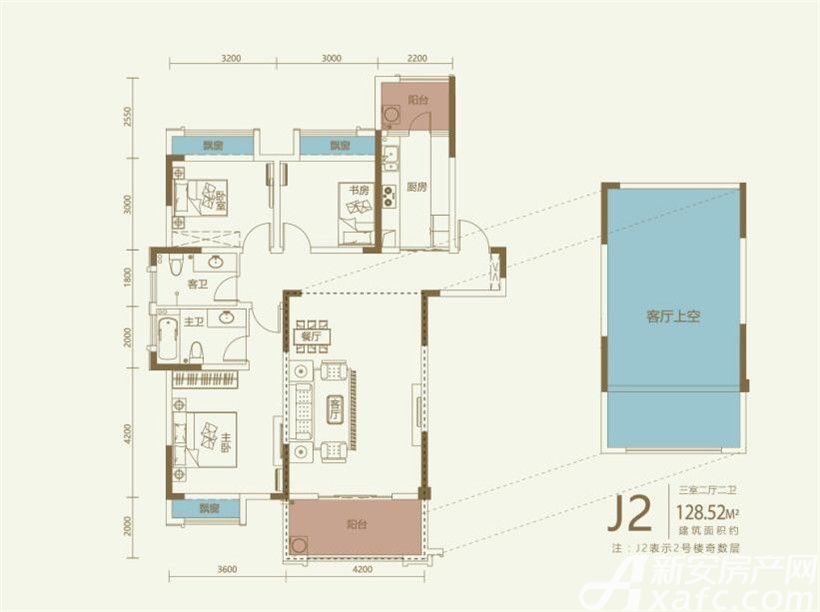 鼎元公馆三居128.52平米户型图_j23室2厅-新安房产网