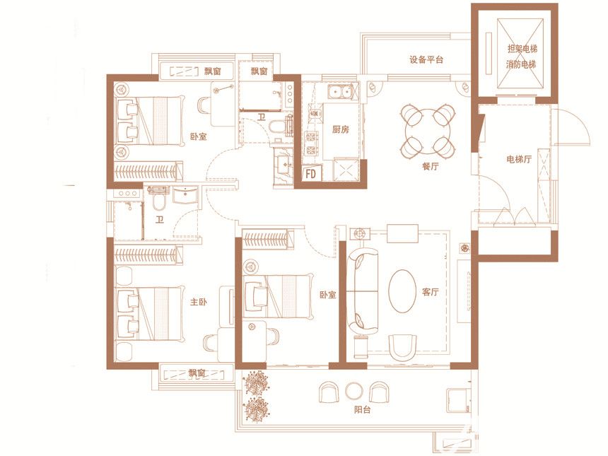 碧桂园·时代之光三居130平米户型图_yj118a3室2厅