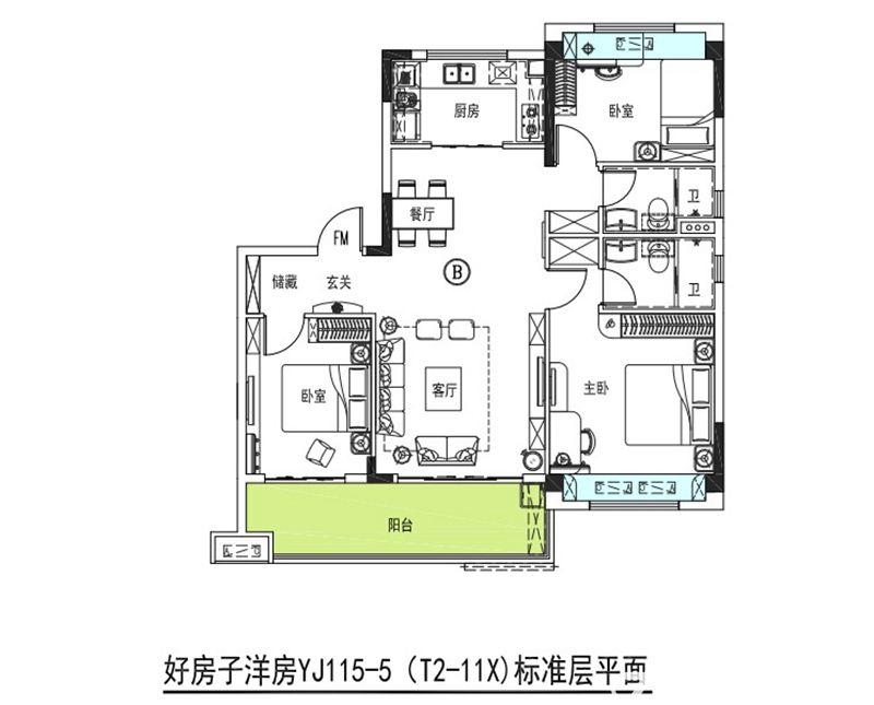 凤台碧桂园洋房yj115-5(t2-11x)户型3室2厅119.61平米