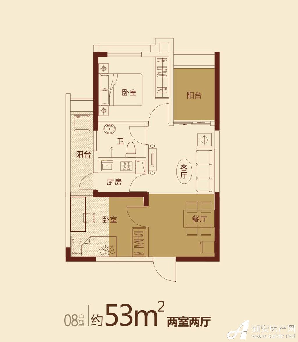 鹏泰七里香榭08户型2室2厅53平米