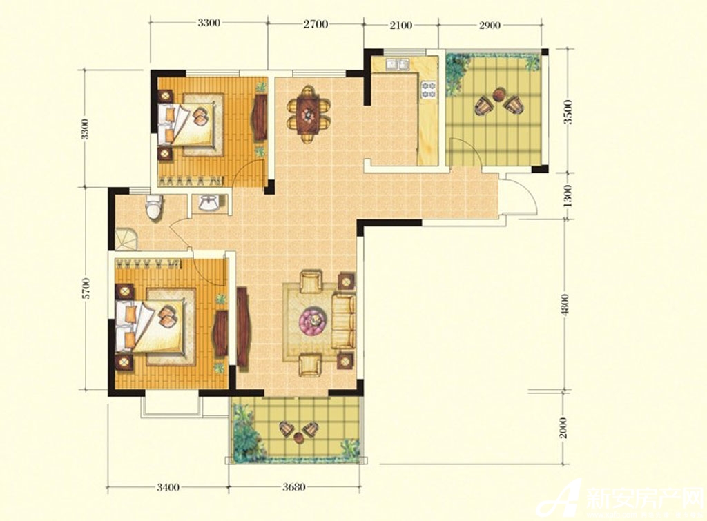 康城静林湾4#标准层d1户型图2室2厅104平米