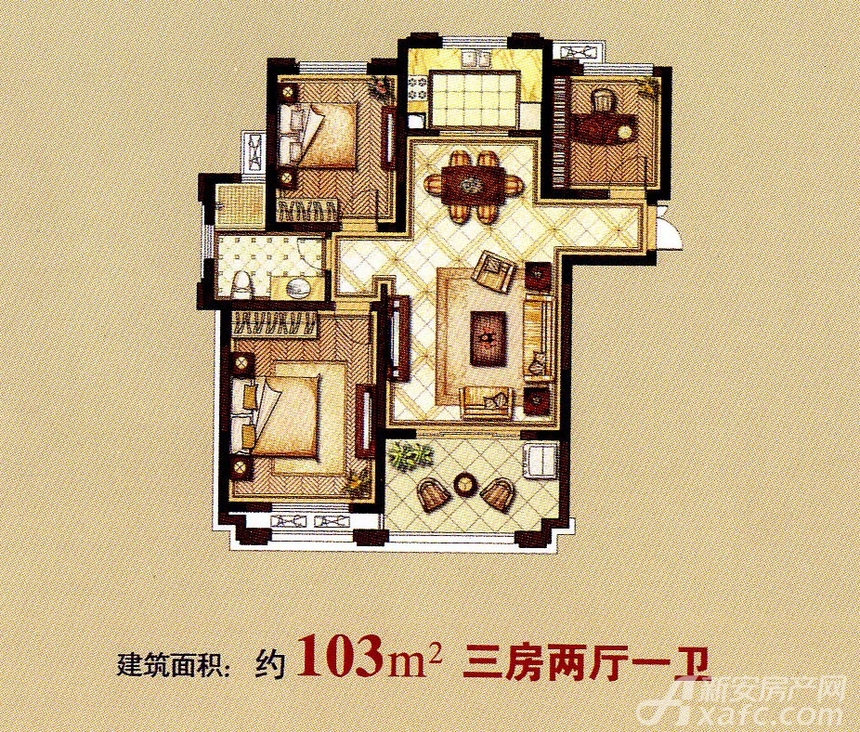 御湖观邸三居103平米户型图_103三房两厅3室2厅-新安