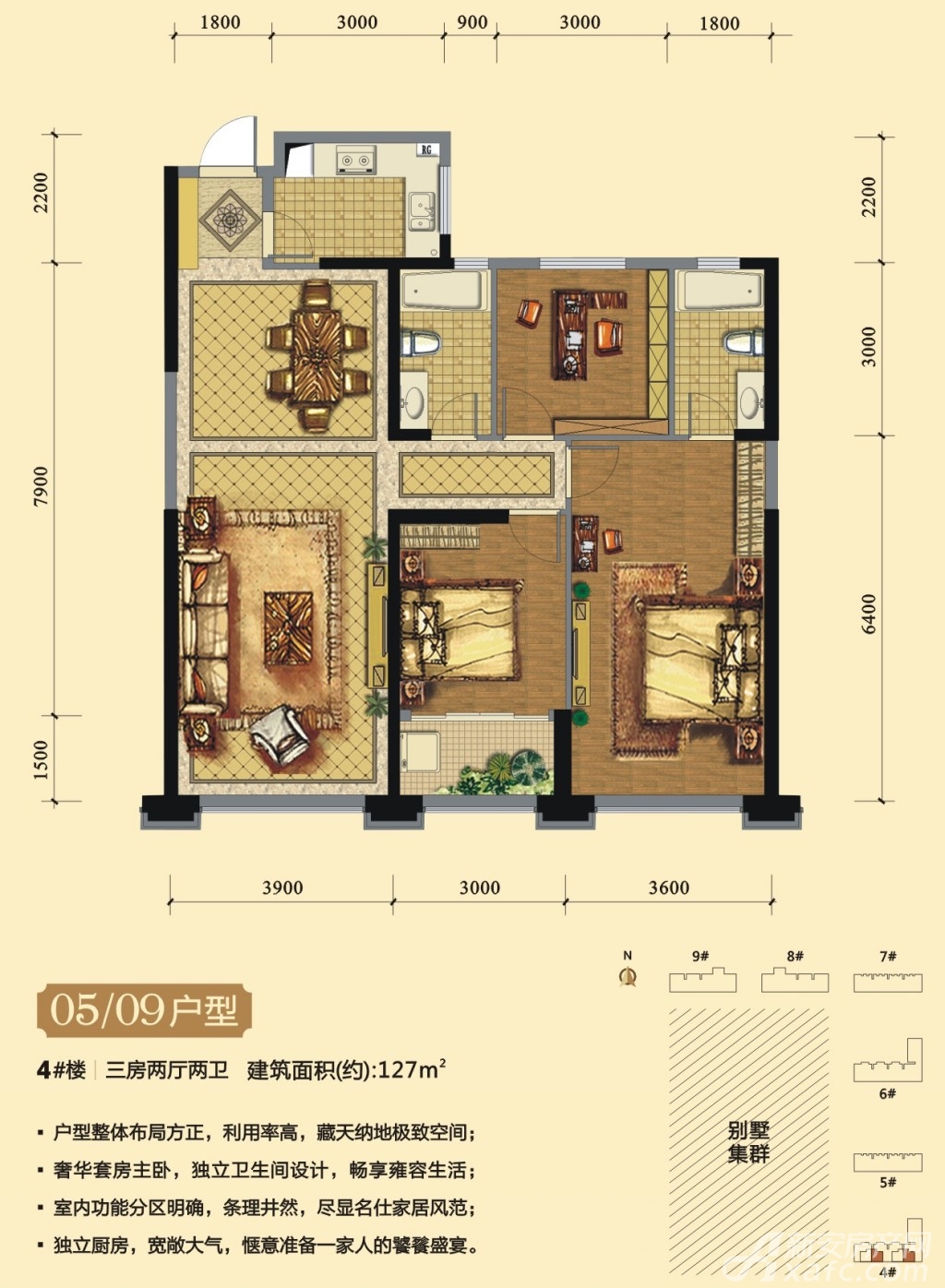 置地广场栢悦公馆4#楼05/09户型3室2厅127平米