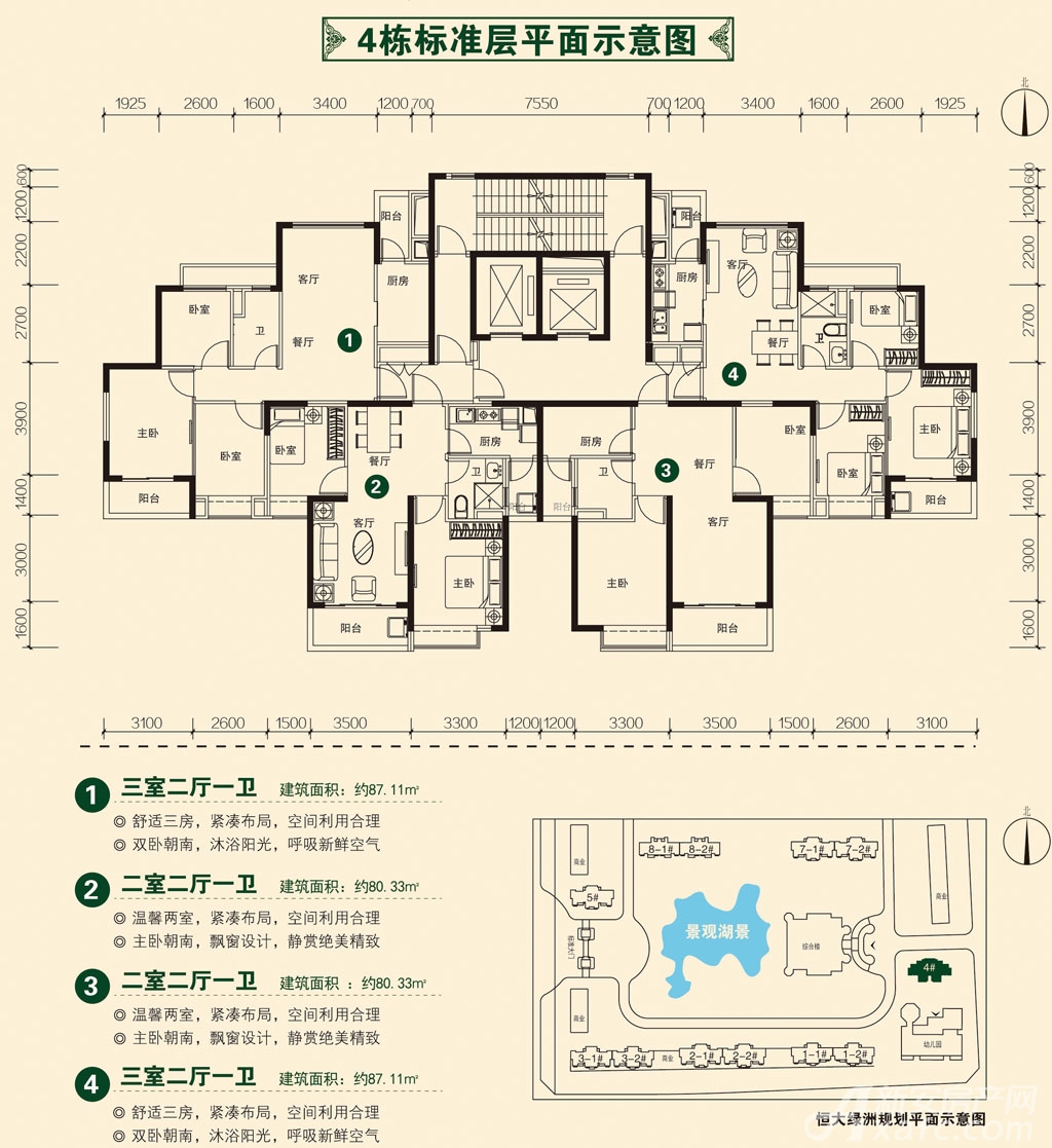 恒大绿洲4#户型3室2厅100平米