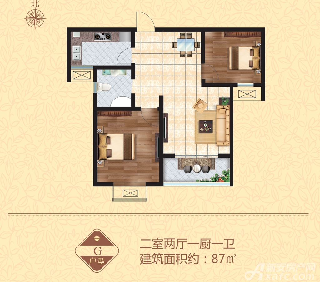 明珠广场凤凰城三居87平米户型图_f户型2室2厅-新安