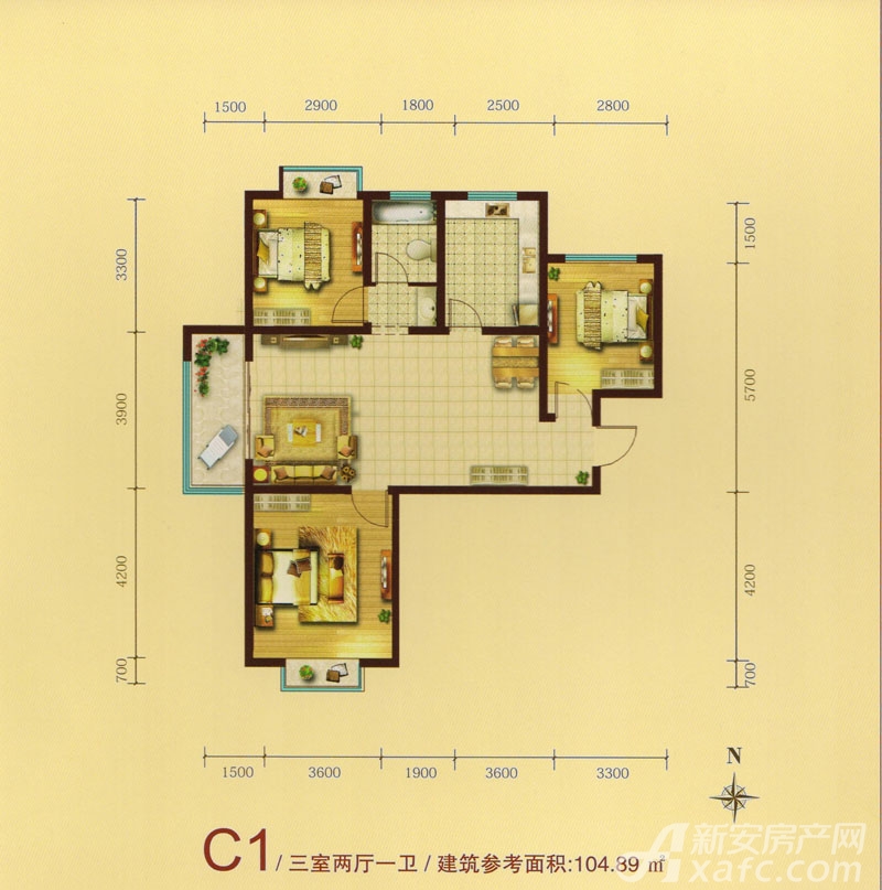 绿水家园璟庭c1户型三室户型图-绿水家园璟庭图片相册-亳州新房-新安