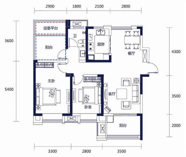 00平米户型图_b户型2室2厅-新安房产网