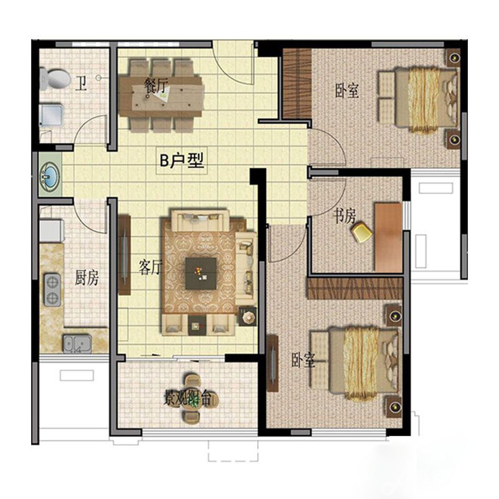 四季经典园3#b户型3室2厅107.18平米